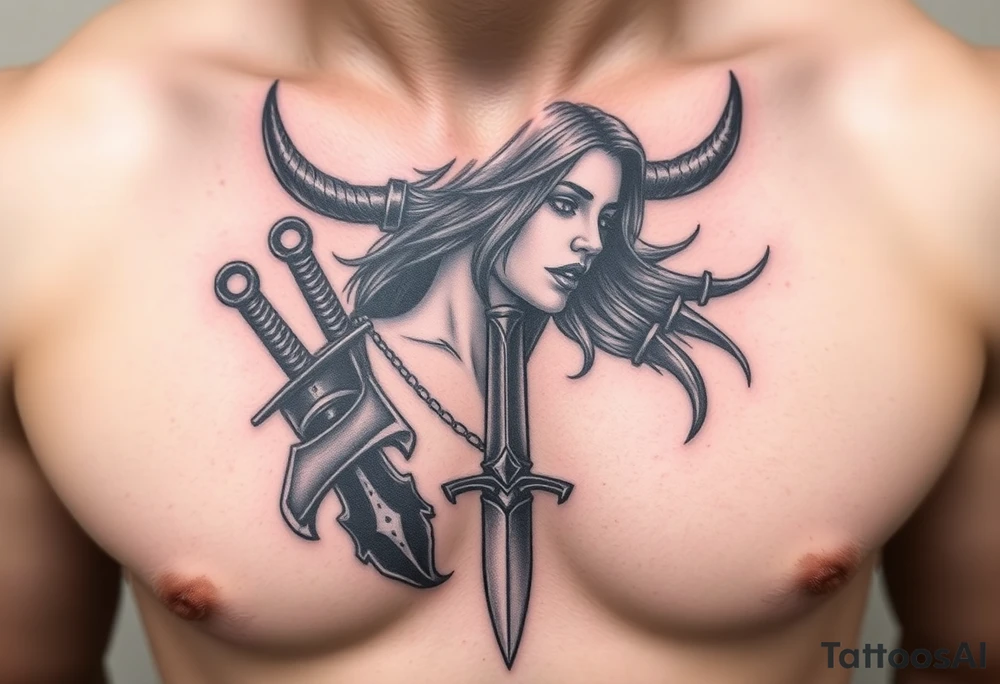 Feminine Tattoo dark female warrior with dagger and realistic horns just barley touching collarbone with a lot of shading tattoo idea
