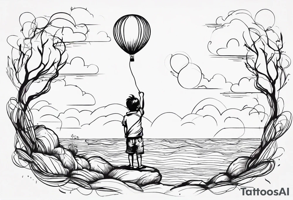 tatoo in sketch style only.
A little boy is holding a string to the hearth shaped baloon.
boy should be drawed from behinfd anhas one hand reaching up in 45 degree angle and holding the baloon string
the string has a big wave look like a hearbeat pulse.
hearth party baloon is tattoo idea