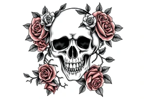 gothic skull intertwined with climbing roses and thorny vines tattoo idea