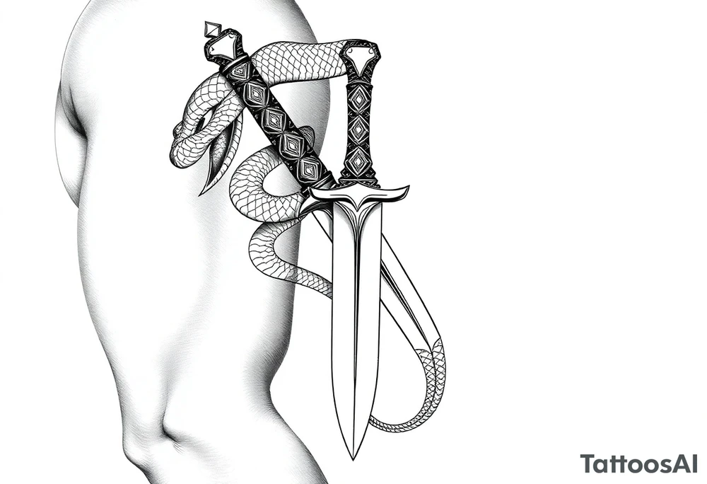 mystical snake coiled around an ancient dagger with jeweled hilt tattoo idea