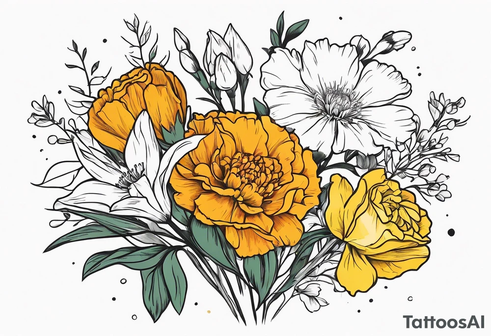 Bouquet of flowers with Two carnations, Two daffodils, One snowdrop, One hawthorn flower, Two honeysuckle blooms, One rose, One chrysanthemum, one cosmos, one marigold, one morning glory, one aster tattoo idea