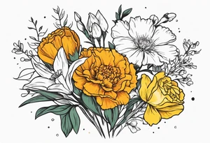 Bouquet of flowers with Two carnations, Two daffodils, One snowdrop, One hawthorn flower, Two honeysuckle blooms, One rose, One chrysanthemum, one cosmos, one marigold, one morning glory, one aster tattoo idea