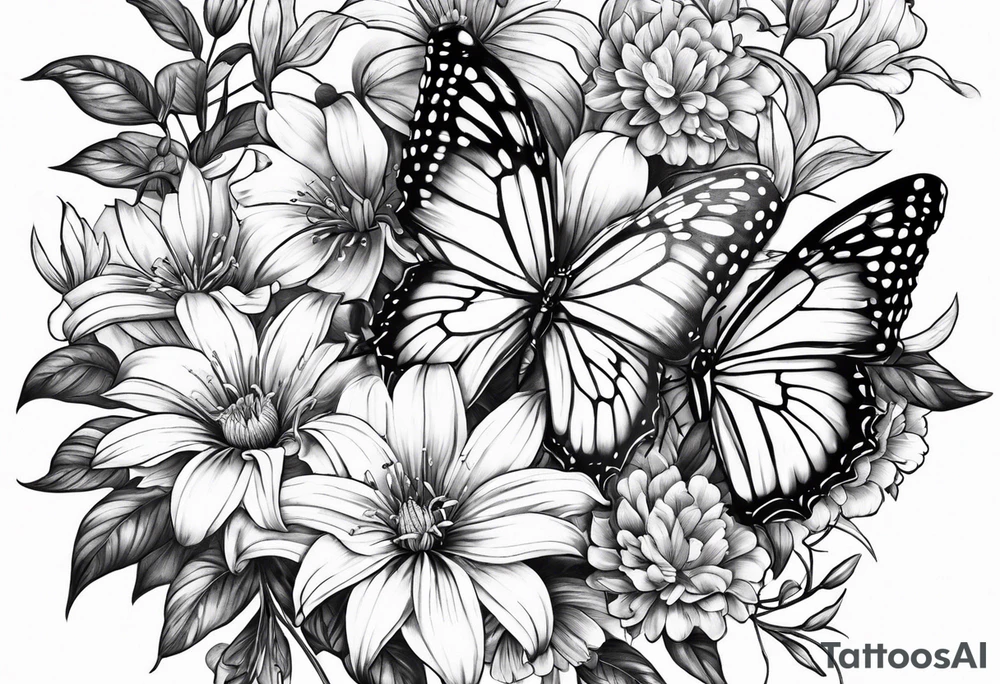 Butterflies with lilys, asters and morning glories tattoo idea