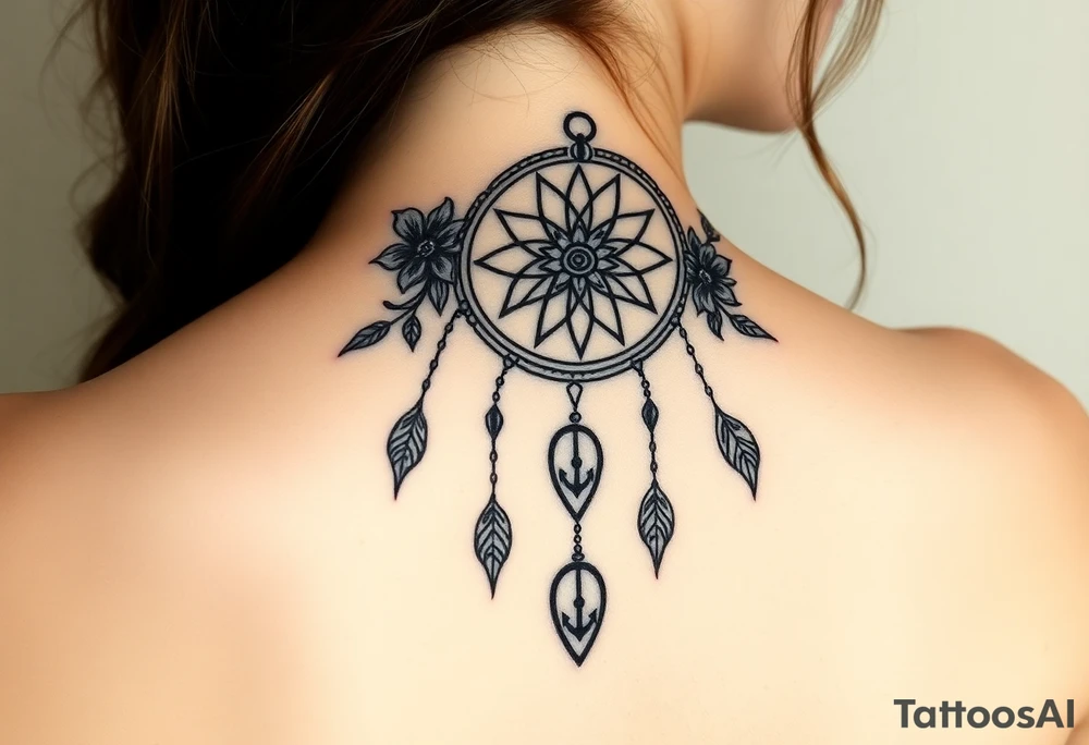 Boho dream catcher with compass and anchor Beautiful flowers and an ornamental chandelier like look tattoo idea