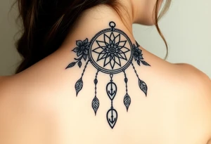 Boho dream catcher with compass and anchor Beautiful flowers and an ornamental chandelier like look tattoo idea