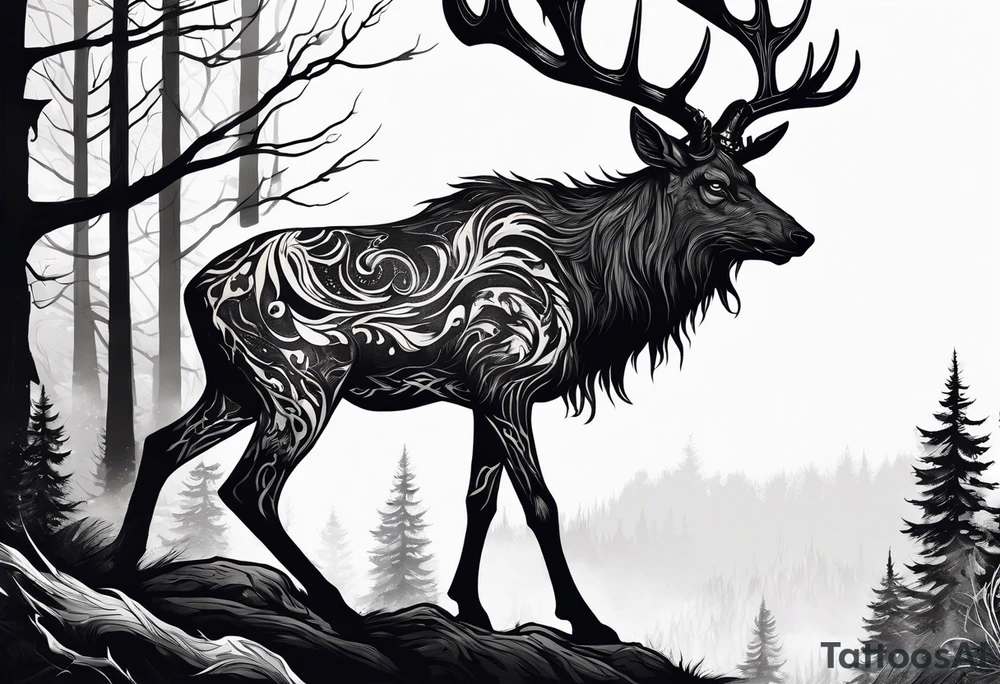 A scary terrifying horrifying rotting bone lore accurate wendigo side profile surrounded by a forest fire in background tattoo idea