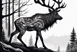 A scary terrifying horrifying rotting bone lore accurate wendigo side profile surrounded by a forest fire in background tattoo idea