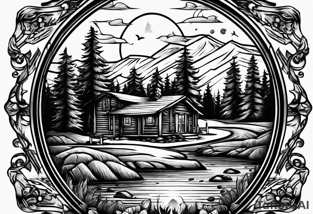 cross, campfire, golf , whiskey glass, cabin tattoo idea