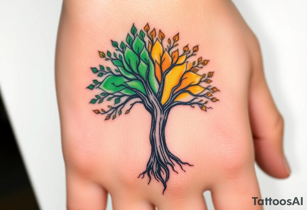 Vibrant tree of life Jamaican colours one half and Irish colours one half tattoo idea
