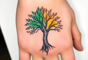 Vibrant tree of life Jamaican colours one half and Irish colours one half tattoo idea