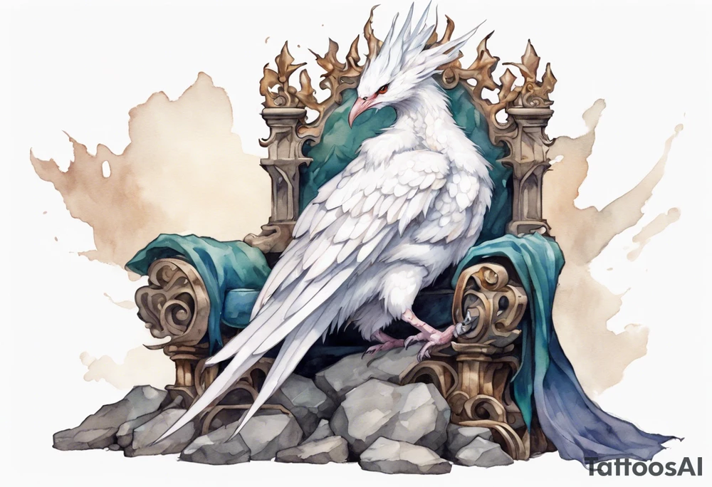 a white bird-wyvern hybrid wearing a plain iron diadem, perched on a stone throne tattoo idea