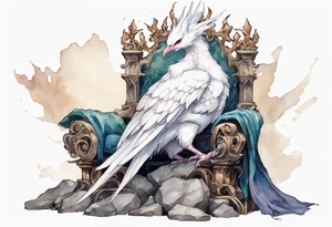 a white bird-wyvern hybrid wearing a plain iron diadem, perched on a stone throne tattoo idea