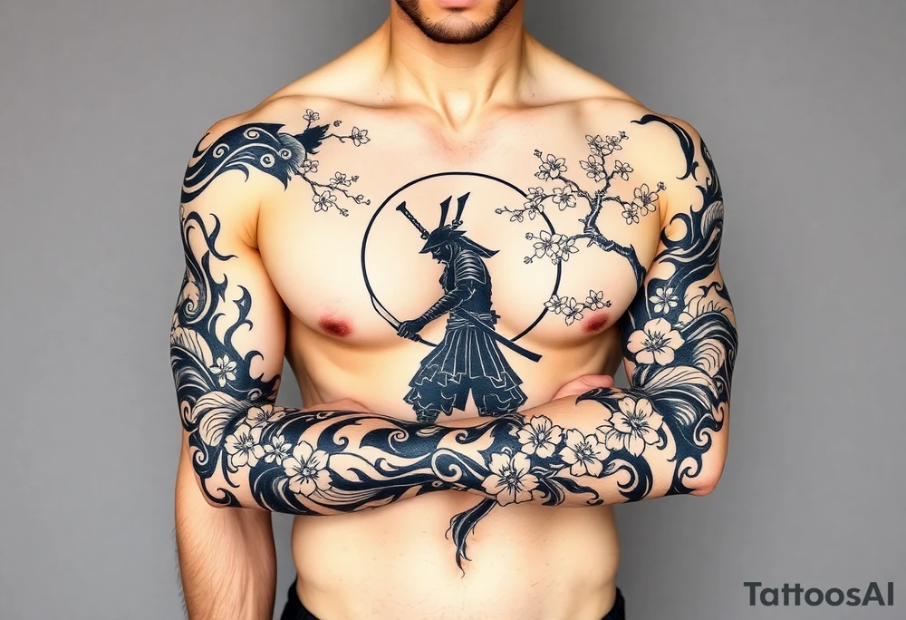 noble samurai warrior silhouette at sunset with cherry blossoms tattoo idea