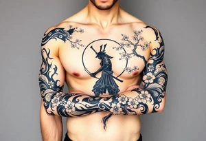 noble samurai warrior silhouette at sunset with cherry blossoms tattoo idea