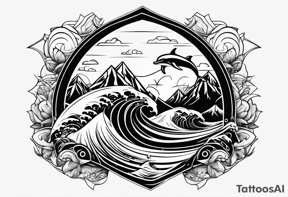 Mountains and dolphin in 
ocean waves crashing diamond shape tattoo idea