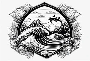 Mountains and dolphin in 
ocean waves crashing diamond shape tattoo idea