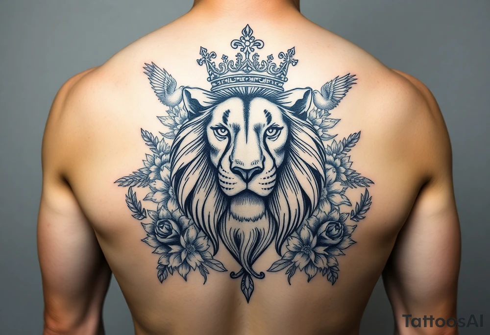 powerful majestic lion with a crown, surrounded by floral ornaments and birds tattoo idea