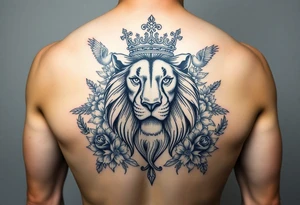 powerful majestic lion with a crown, surrounded by floral ornaments and birds tattoo idea