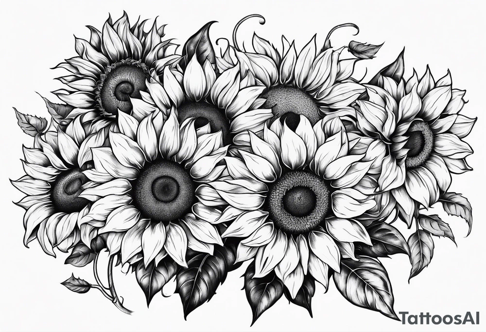 Multiple species of sunflowers outline tattoo idea