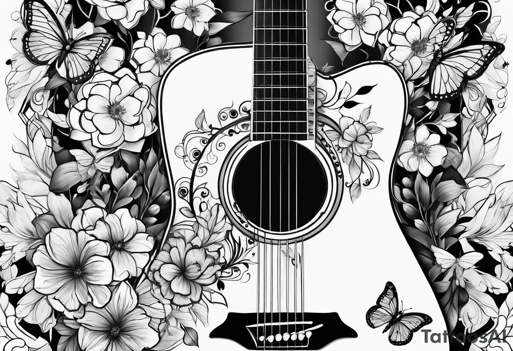 Whole electric acoustic Guitar with flowers growing off the side, butterflies tattoo idea