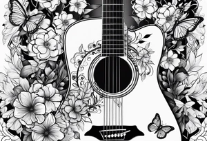 Whole electric acoustic Guitar with flowers growing off the side, butterflies tattoo idea