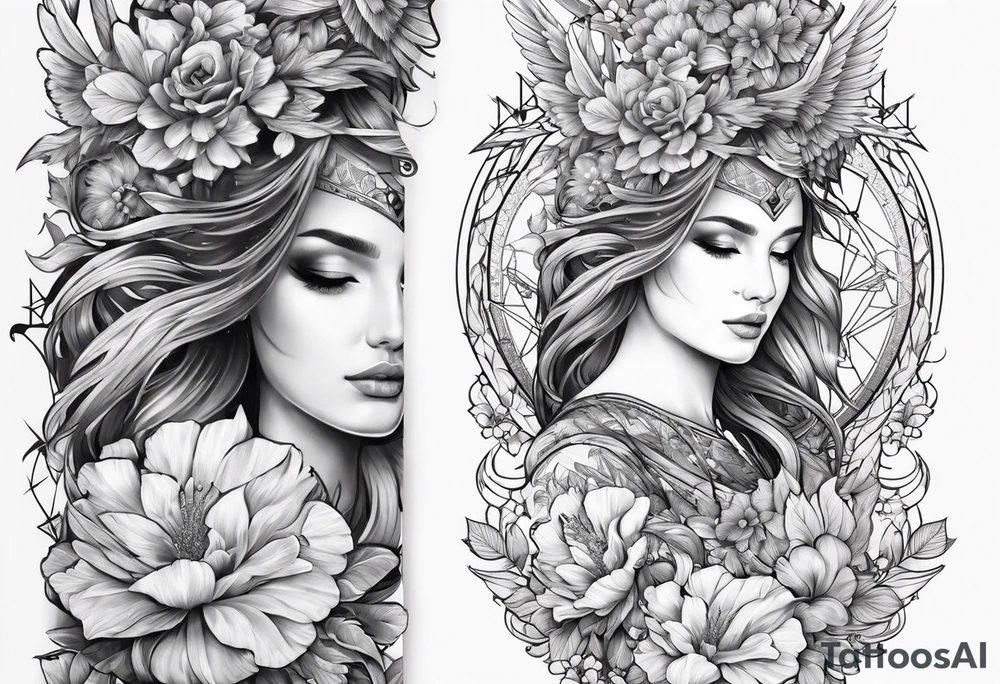 Sleeve with Libra and Phoenix with flowers tattoo idea