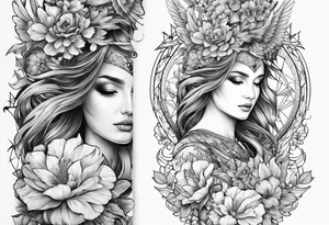 Sleeve with Libra and Phoenix with flowers tattoo idea