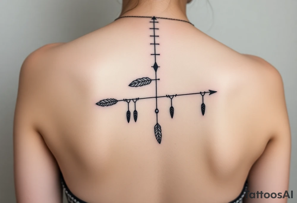 Thin spinal tattoo following down the spine in a native style with multiple different lengths flowing lines made of a discreet connection of morse code ".--- .- --.     .-.. ... -.- .- .-.   -.. .. --.     .-.. .. .-.. .-.. . -... .-. --- .-. forming an arrow connected to flowing feathers hanging from the morse code lines tattoo idea