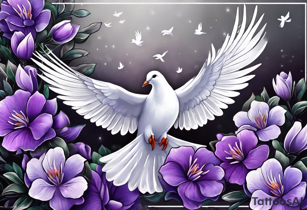 Purple flowers with a white dove to conmemorate somebody that passed away tattoo idea