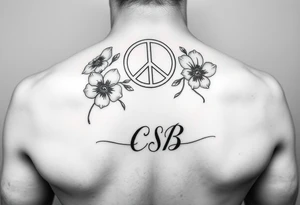 Violets, peace symbol, Pisces symbol, dog prints, amethyst, initials csb in cursive font tattoo idea