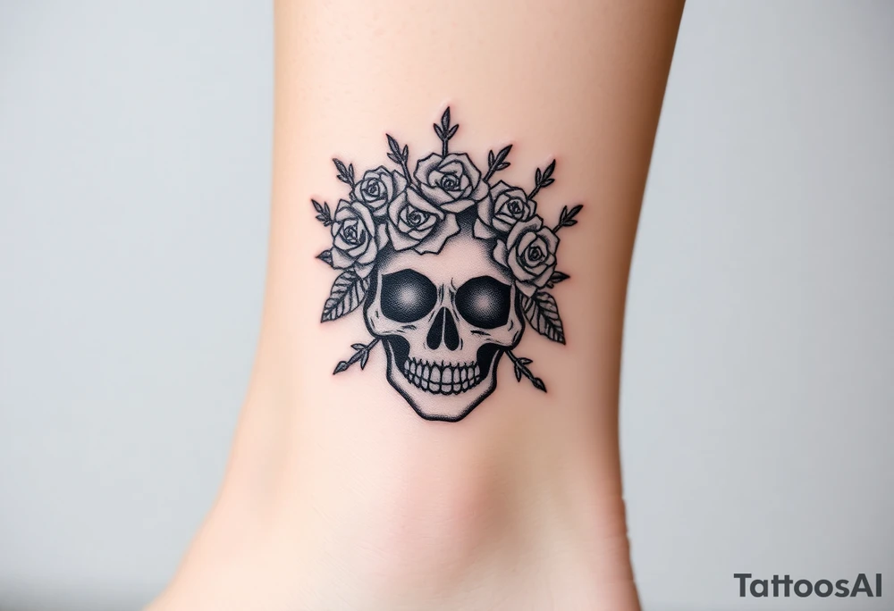 ornate skull adorned with crown of wild roses and thorns tattoo idea