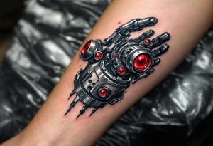 A tattoo depicting a mechanical hand socketed into the forearm, with crimson power cores pulsing behind stainless steel plating. tattoo idea