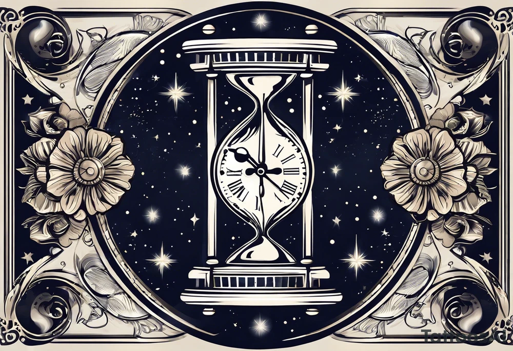 Mix an hourglass with a nautical clock with the addition of planets, galaxies to give a design to print on a t-shirt, the design should be in one color in the form of a tattoo and all the shapes should be mixed to give one shape tattoo for all arms. vectore file for ullustrator tattoo idea