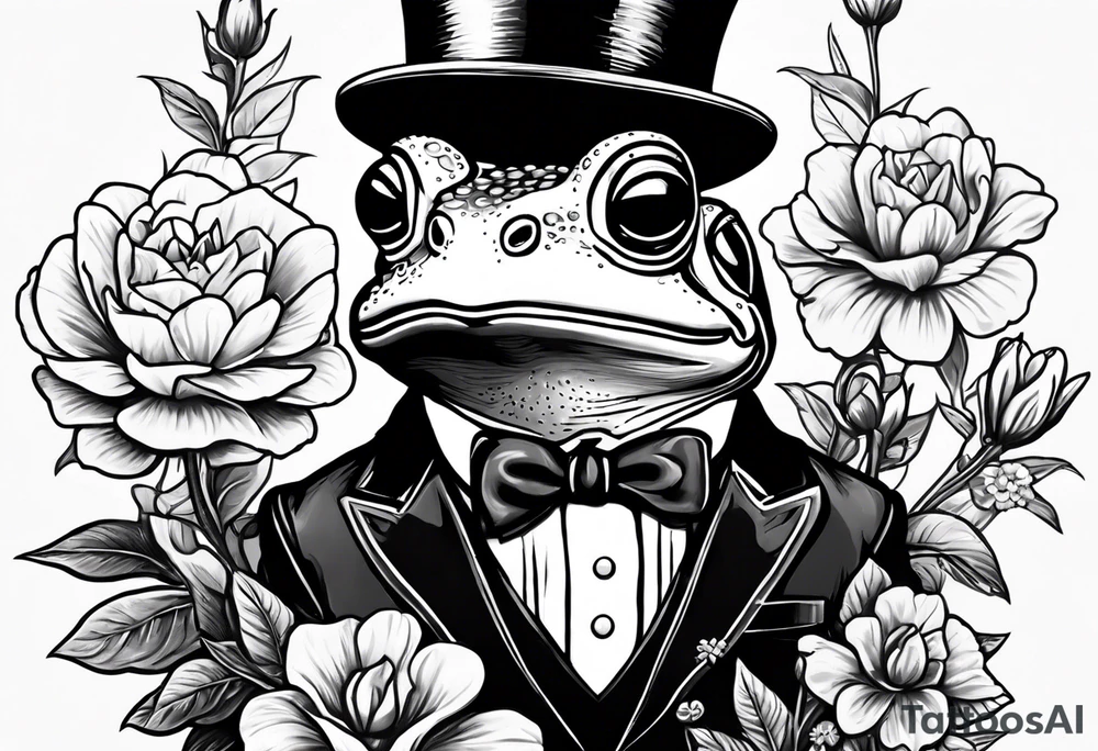 Cute Frog wearing top hat and a suit standing on its Back legs while holding flowers tattoo idea