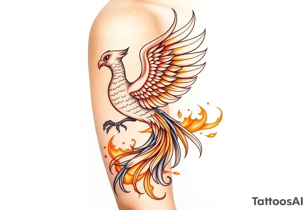 magnificent phoenix rising from golden flames with trailing embers tattoo idea