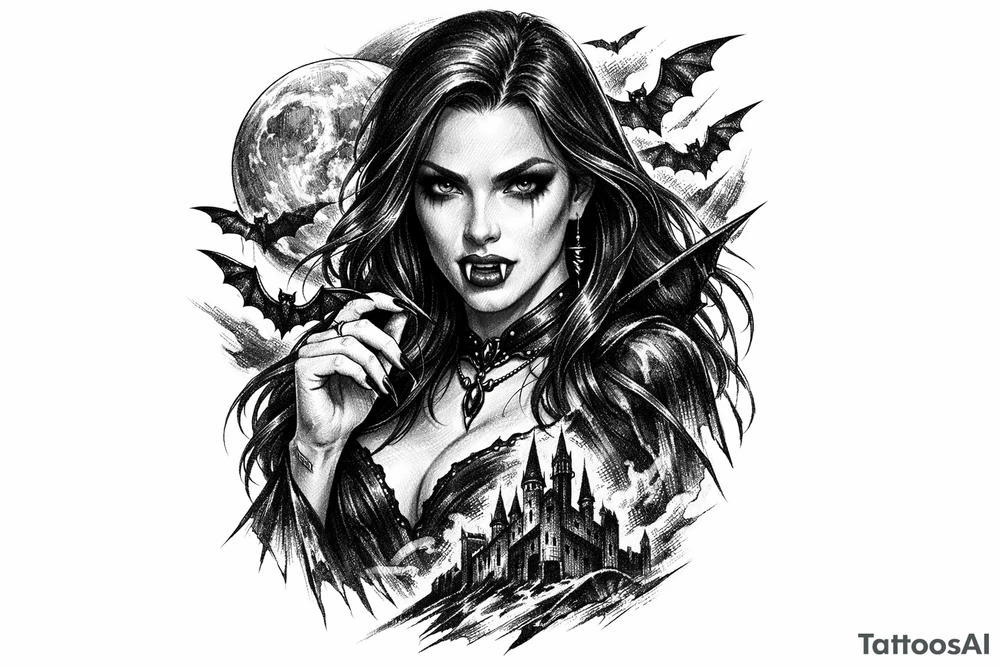 female vampire,bats,full moon. tattoo idea