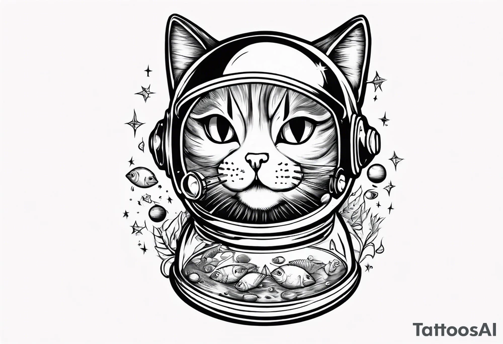 Space cat with a fish bowl on head tattoo idea