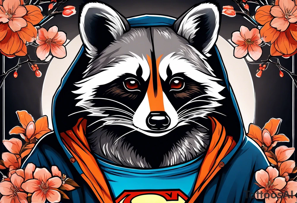 Raccoon wearing a white Superman logo on a black hoodie and orange Japanese cherry blossoms beside tattoo idea