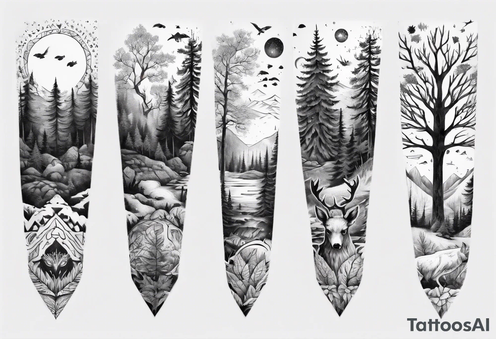 Full arm and sleeve, Nordic, forest,  presence, dear tattoo idea