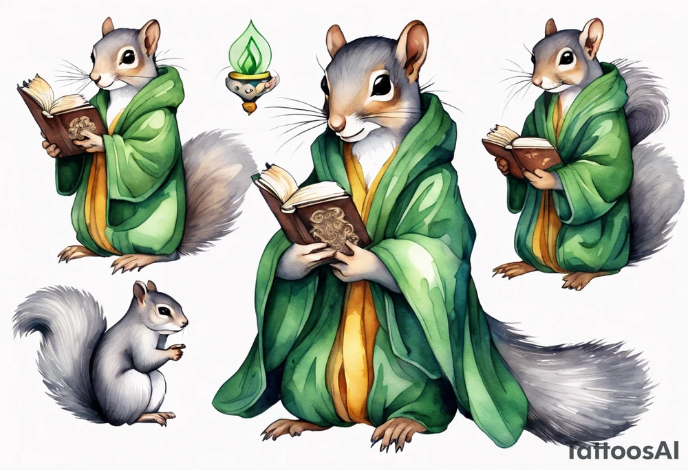 a grey squirrel with long feminine hair and a green robe, holding a magic book tattoo idea