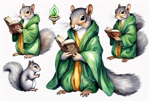 a grey squirrel with long feminine hair and a green robe, holding a magic book tattoo idea