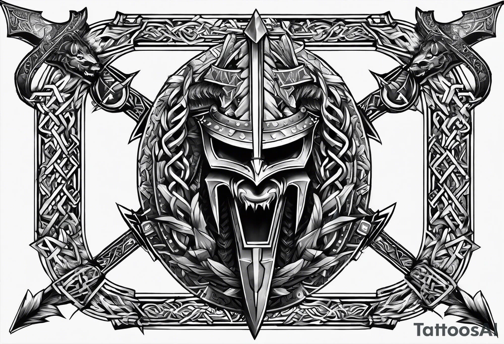 Valhalla sword shield dragon axe Valknut barbed wire chains tribal tattoo idea Valhalla sword shield dragon axe Valknut barbed wire chains tribal tattoo idea