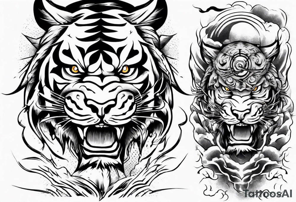 tiger warrior with lightning and the sun for a forearm sleeve tattoo idea