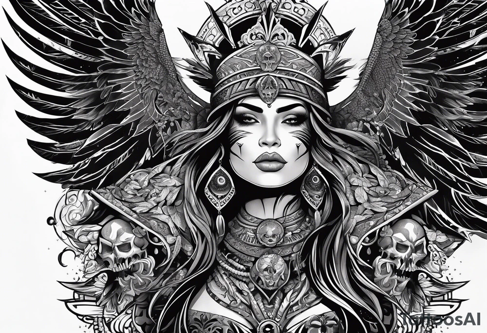 black kali, goddess pirate, alien, pachamama, valkrye, warrior, skull, lotus azul, wing, eagle, zenza resonance, stars, 5D tattoo idea