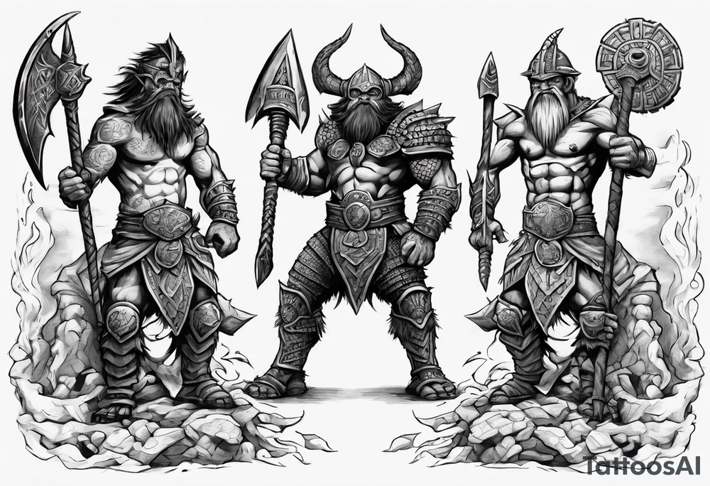 dwarven warrior with a war axe and Aztec warrior fighting side by side against a dragon in the pit of hell tattoo idea