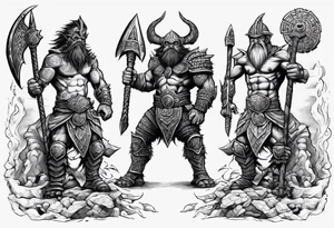 dwarven warrior with a war axe and Aztec warrior fighting side by side against a dragon in the pit of hell tattoo idea