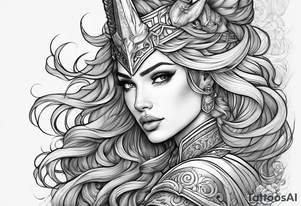 valkyrie curly hair princess riding unicorn half sleeve arm tattoo idea