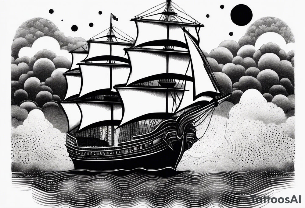 large and dark wooden ship facing left 2 dimensional tattoo idea