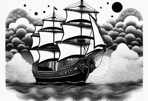 large and dark wooden ship facing left 2 dimensional tattoo idea