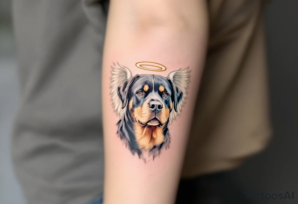 Rottweiler with Angel Wings – A memorial-style design with a realistic Rottweiler head and soft white angel wings, possibly with a halo. Muted full color or black and grey. tattoo idea